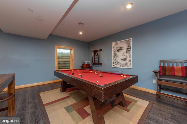 recreation room with dark hardwood / wood-style flooring and billiards