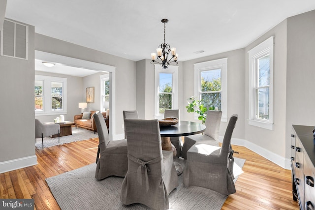 dining space with an inviting chandelier, light hardwood / wood-style floors, and plenty of natural light