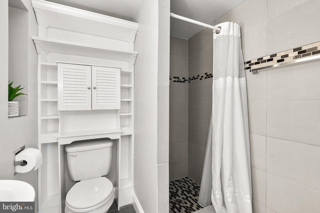 bathroom with toilet and a shower with shower curtain