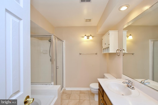 full bathroom with vanity, toilet, tile patterned floors, and separate shower and tub