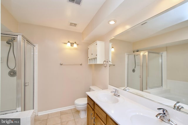 full bathroom featuring vanity, toilet, tile patterned floors, and separate shower and tub