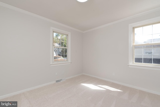 spare room with light carpet and ornamental molding