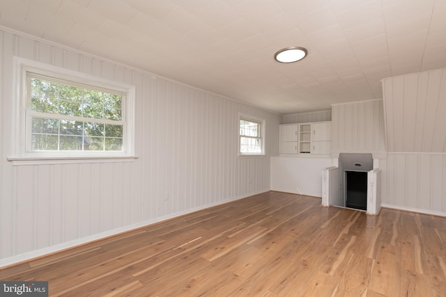 interior space featuring hardwood / wood-style flooring and wood walls