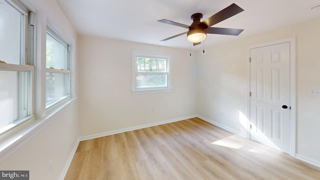 unfurnished room featuring ceiling fan and light wood-type flooring