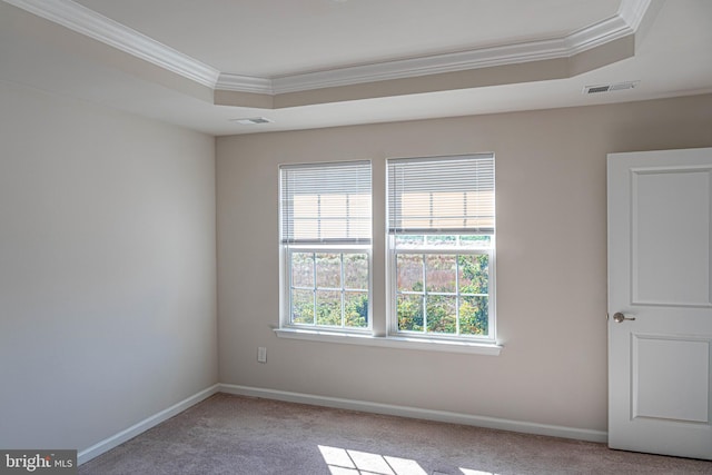 carpeted empty room featuring a tray ceiling and crown molding