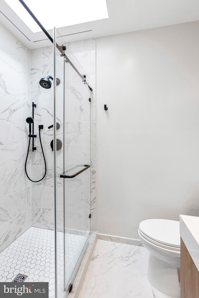 bathroom with vanity, toilet, a skylight, and a shower with door