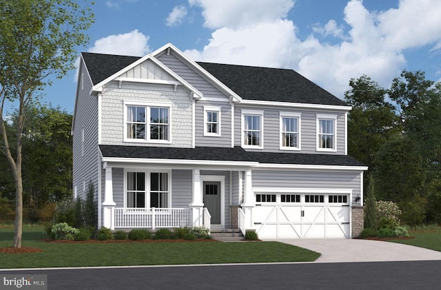 view of front of home featuring a porch, a garage, and a front lawn