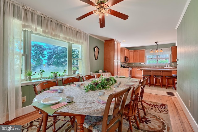 dining area with ceiling fan, wood walls, crown molding, and light hardwood / wood-style floors