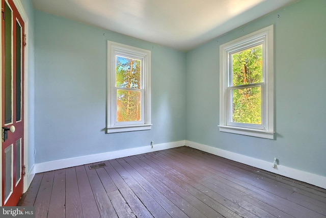 empty room featuring plenty of natural light and dark wood-type flooring