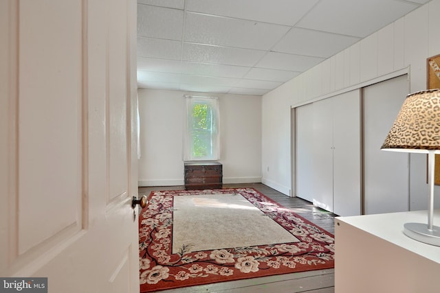 bedroom featuring a paneled ceiling, a closet, and hardwood / wood-style floors