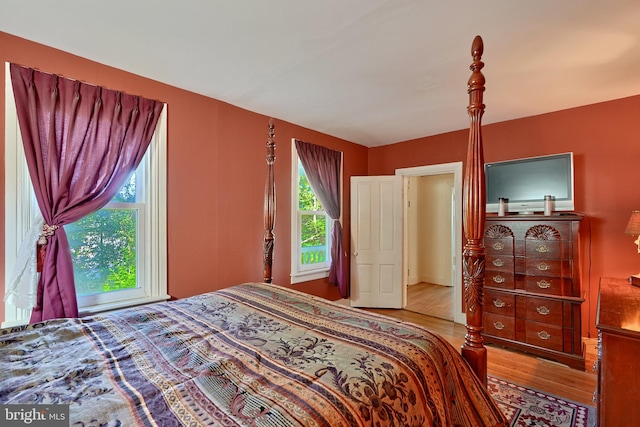 bedroom featuring wood-type flooring and multiple windows