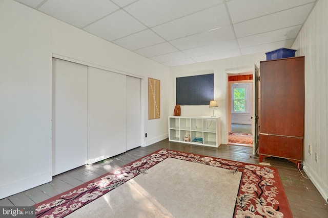 unfurnished bedroom with a drop ceiling, a closet, and dark hardwood / wood-style flooring