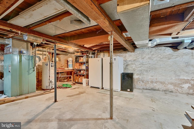 basement with white refrigerator and water heater