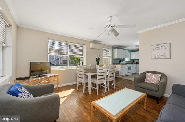 living room with wood-type flooring, crown molding, a wall mounted AC, and ceiling fan