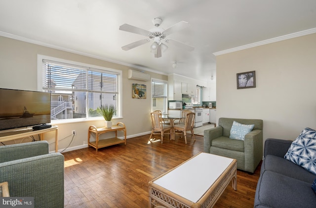 living room with ceiling fan, ornamental molding, a wall mounted air conditioner, and dark hardwood / wood-style flooring