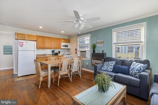 kitchen with white appliances, dark hardwood / wood-style flooring, and a healthy amount of sunlight