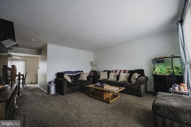 living room with dark colored carpet, a textured ceiling, and ceiling fan