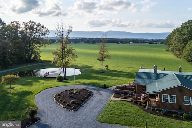 view of property's community featuring a water and mountain view and a lawn