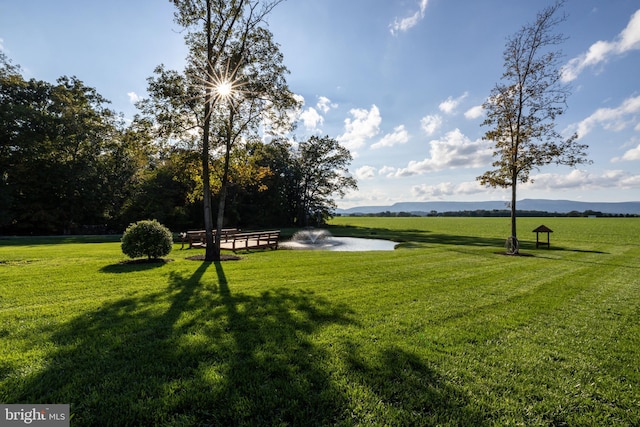 view of community with a water view, a lawn, and a rural view