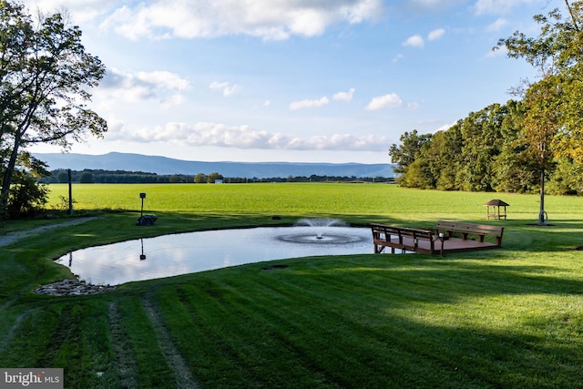 view of home's community with a mountain view and a yard