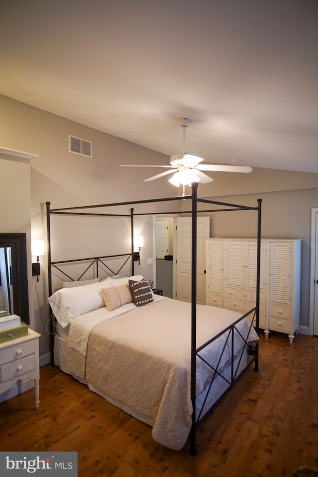 bedroom featuring two closets, dark wood-type flooring, vaulted ceiling, and ceiling fan