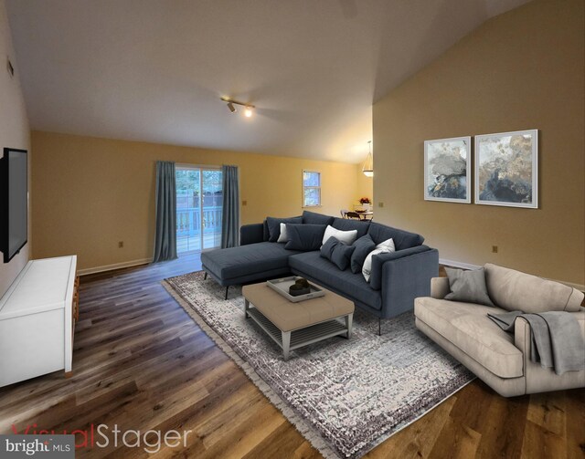 living room with baseboards, dark wood finished floors, and lofted ceiling