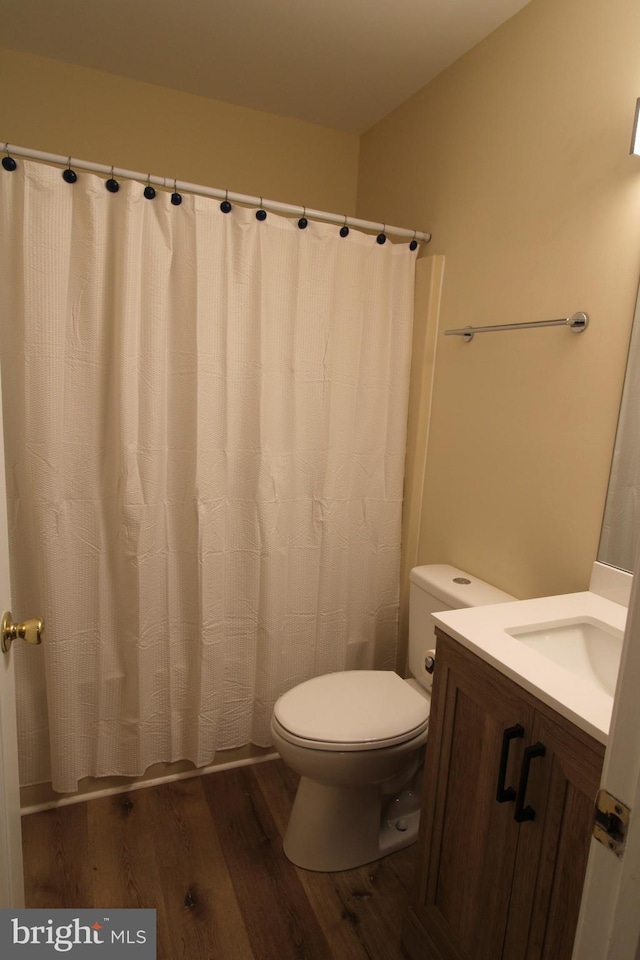 bathroom featuring toilet, vanity, and wood finished floors