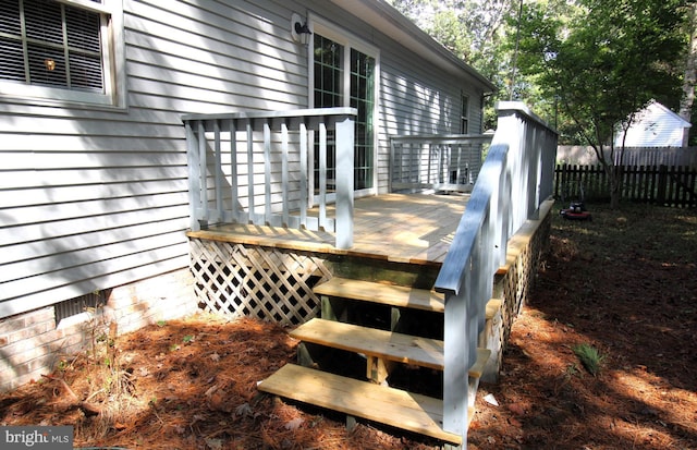 wooden terrace featuring fence