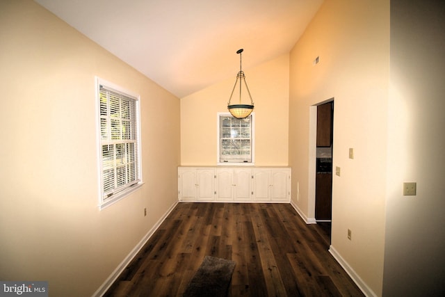 unfurnished dining area with dark hardwood / wood-style flooring and vaulted ceiling