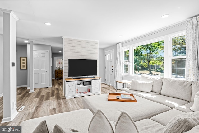 living room featuring ornamental molding and hardwood / wood-style floors