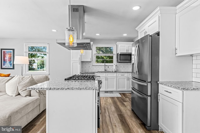 kitchen with stainless steel appliances, white cabinets, dark hardwood / wood-style flooring, and a wealth of natural light