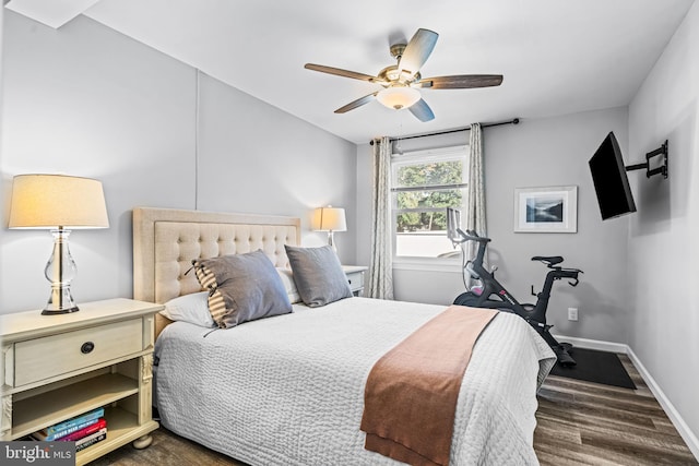 bedroom with ceiling fan and dark hardwood / wood-style flooring