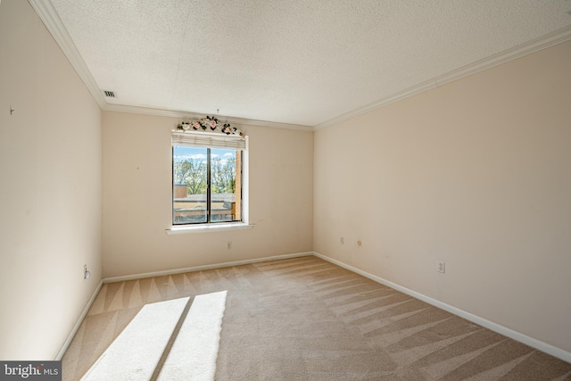 carpeted empty room with ornamental molding and a textured ceiling