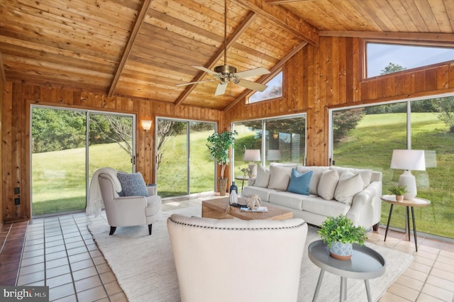 sunroom featuring vaulted ceiling with beams, ceiling fan, and wood ceiling