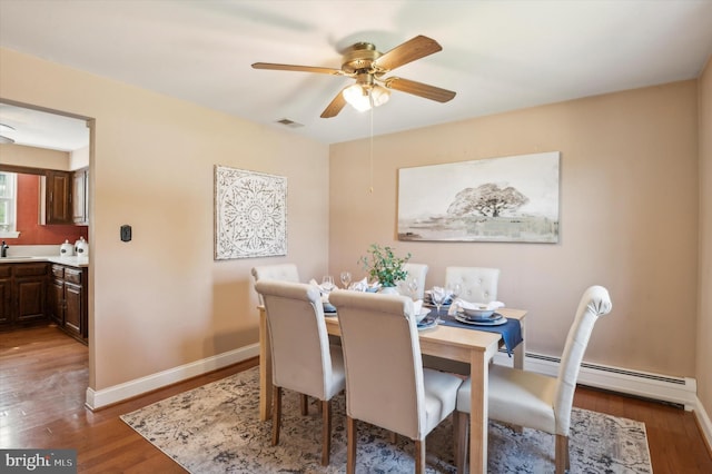 dining area featuring hardwood / wood-style floors, a baseboard radiator, and ceiling fan