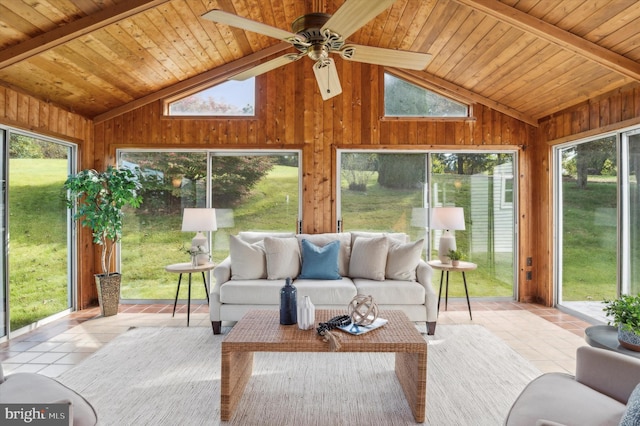 sunroom featuring a healthy amount of sunlight, vaulted ceiling with beams, and wooden ceiling