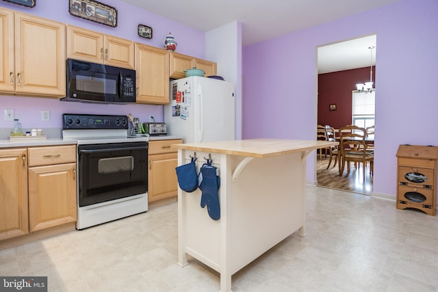 kitchen with light brown cabinets, an inviting chandelier, a kitchen bar, and white appliances