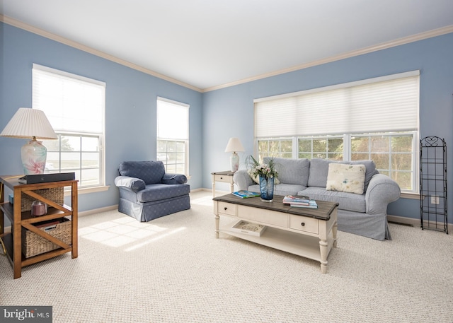 carpeted living room with ornamental molding and a healthy amount of sunlight