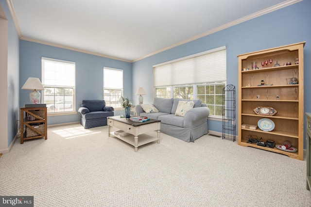 living room with crown molding and light colored carpet