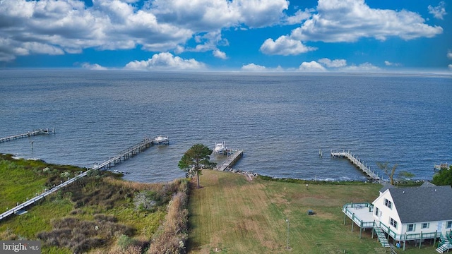 drone / aerial view featuring a water view