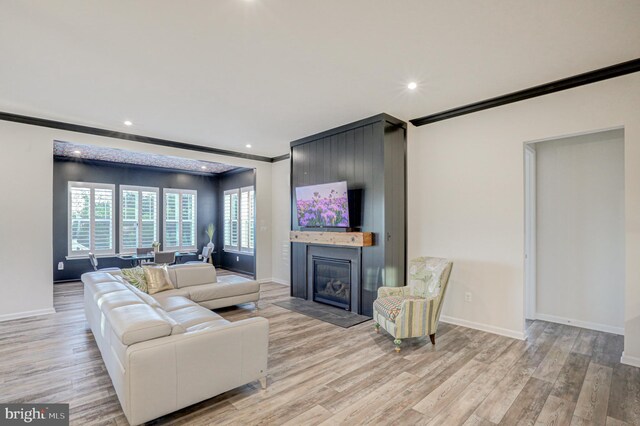 living room with crown molding, light hardwood / wood-style flooring, and a fireplace