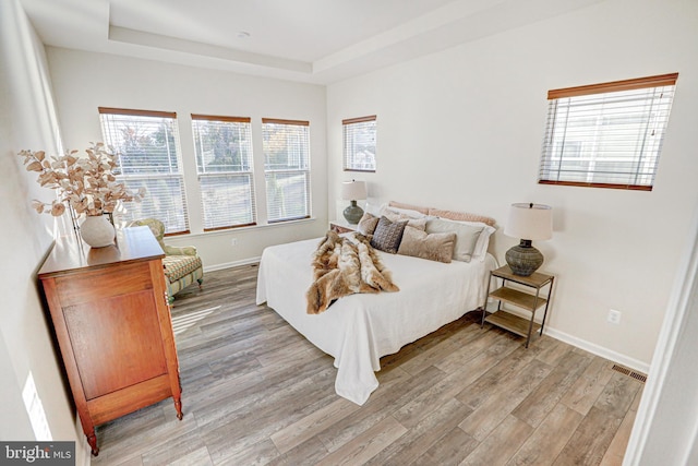 bedroom featuring multiple windows, light wood-type flooring, and a raised ceiling