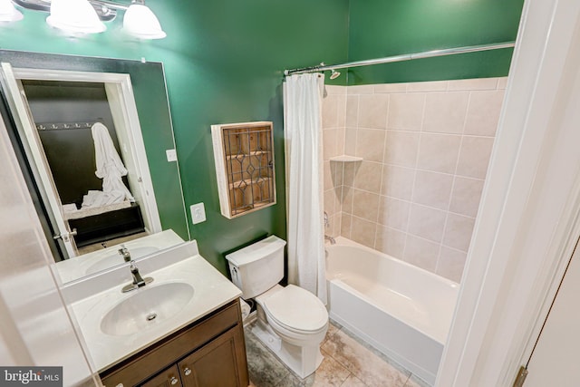 full bathroom with toilet, vanity, shower / bath combination with curtain, and tile patterned flooring