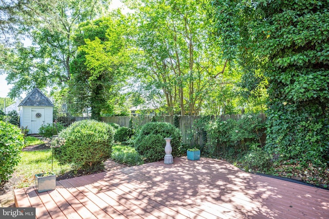 view of patio with a storage shed and a wooden deck