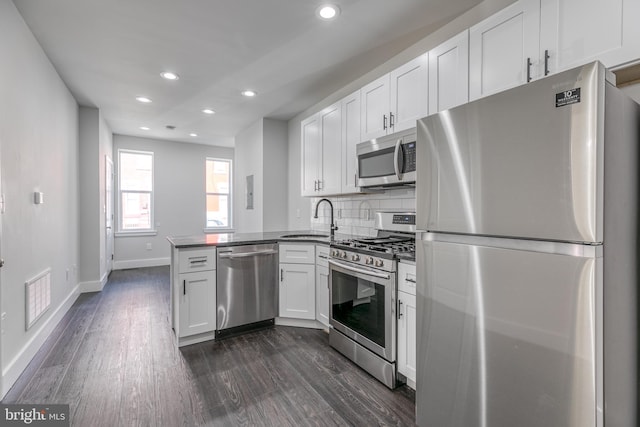 kitchen with sink, stainless steel appliances, kitchen peninsula, dark hardwood / wood-style floors, and white cabinetry