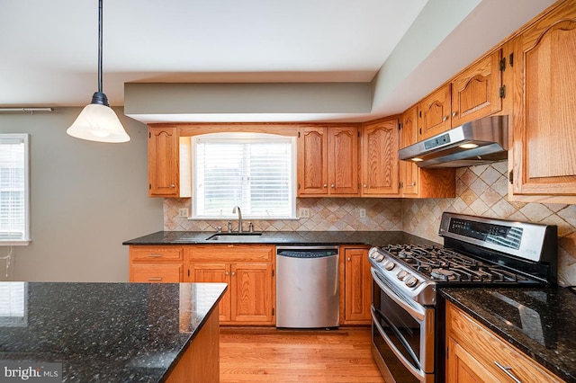 kitchen featuring plenty of natural light, decorative light fixtures, appliances with stainless steel finishes, and light wood-type flooring