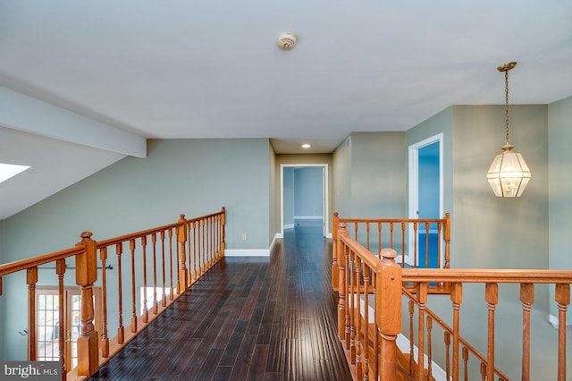 hallway with dark hardwood / wood-style floors and lofted ceiling with skylight