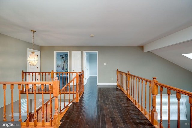 hallway with dark hardwood / wood-style floors and vaulted ceiling with skylight