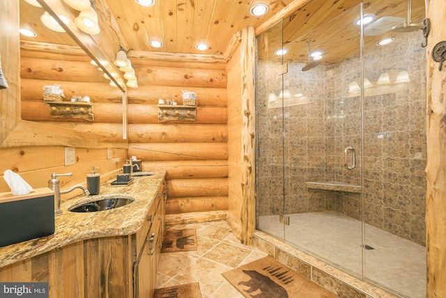 bathroom with vanity, log walls, walk in shower, and wooden ceiling