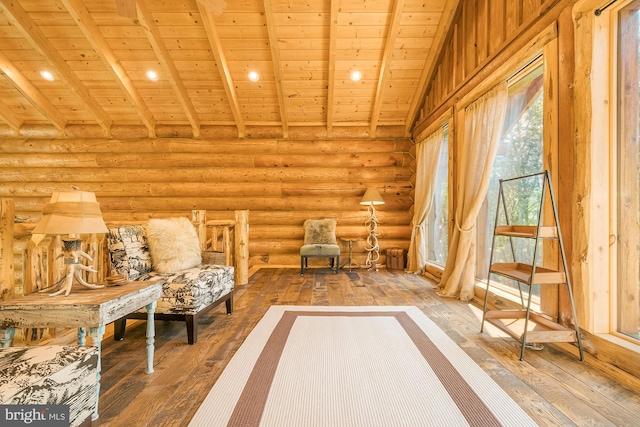 unfurnished room with beam ceiling, wooden ceiling, and wood-type flooring